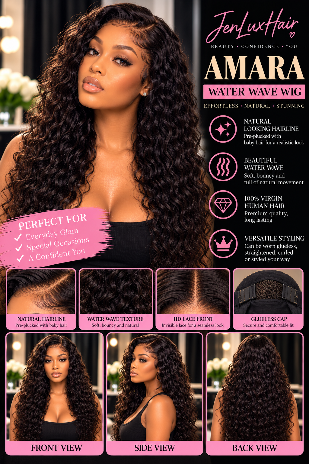 Amara — 13x6 HD Lace Water Wave Wig | 100% Virgin Human Hair