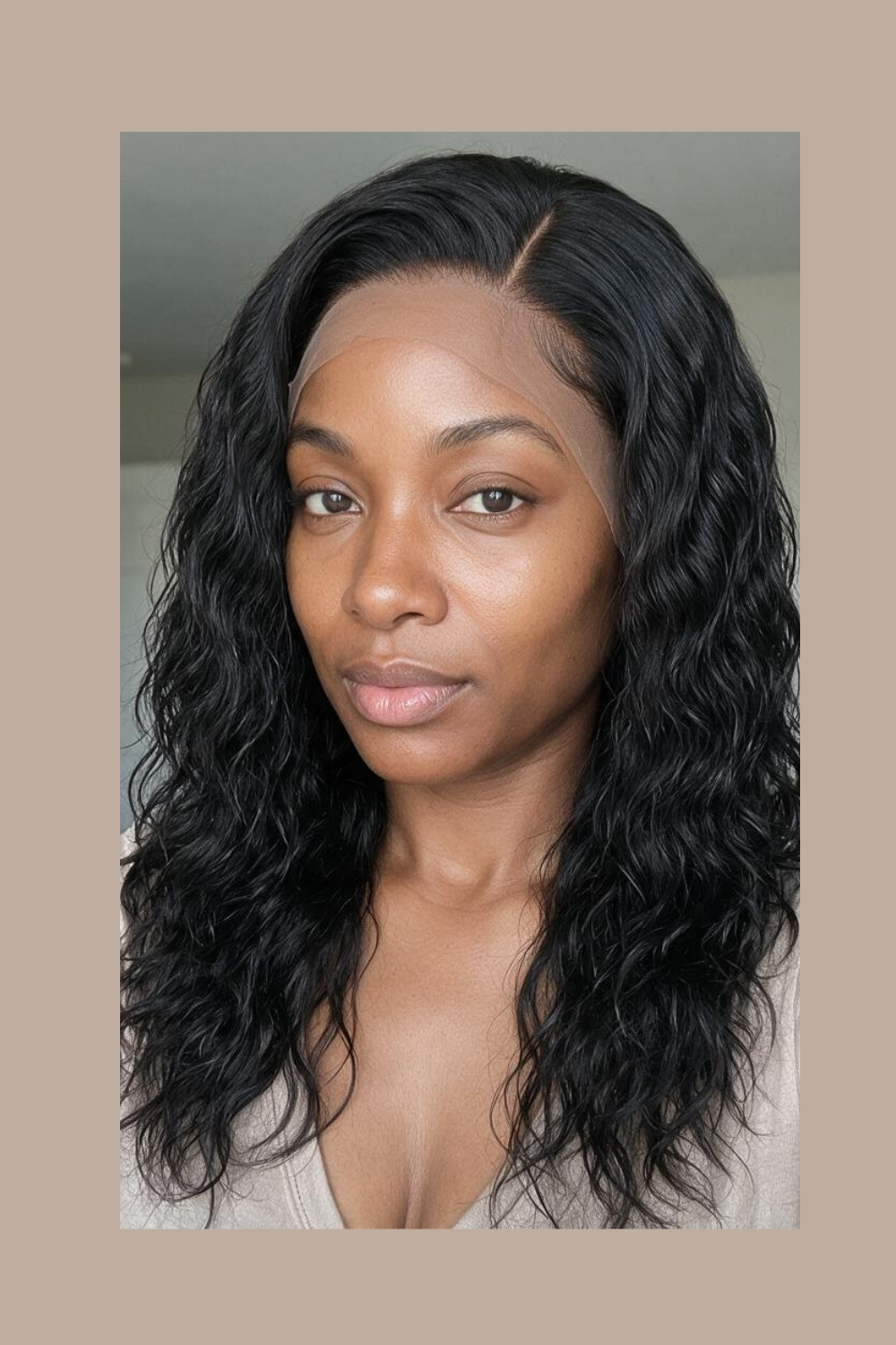 Model wearing the Amara 13x6 HD lace water wave wig in natural black