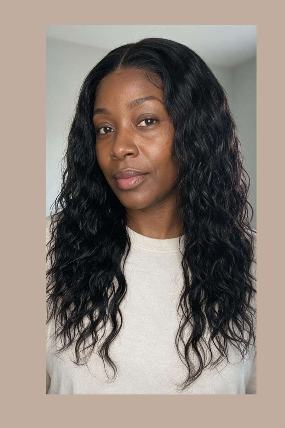Amara 13x6 water wave wig worn long, showing the deep parting space at the front