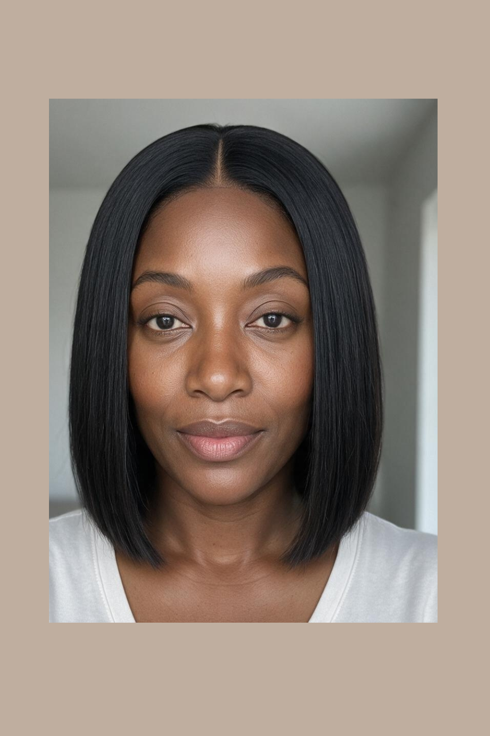 Model wearing the Cleo 13x4 HD lace blunt cut straight bob wig in natural black