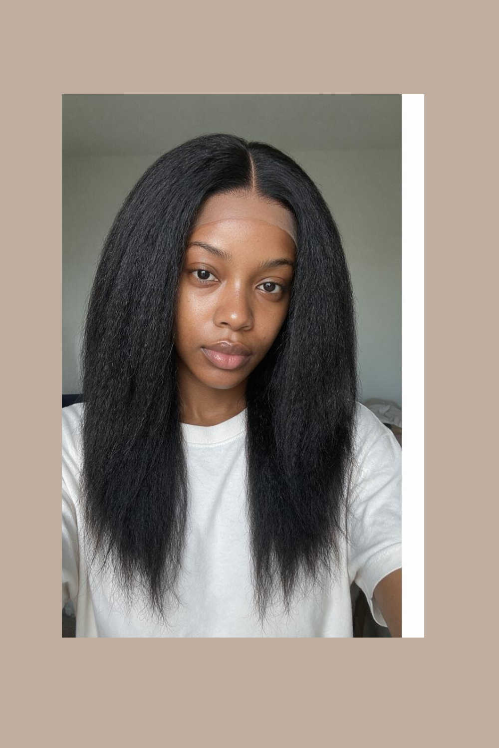 Imani kinky straight wig worn long, showing the blow-out texture