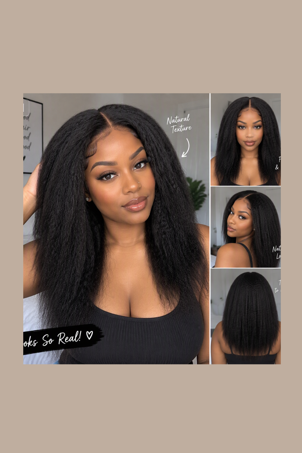 Model wearing the Imani 5x5 HD lace closure kinky straight wig, shown from several angles