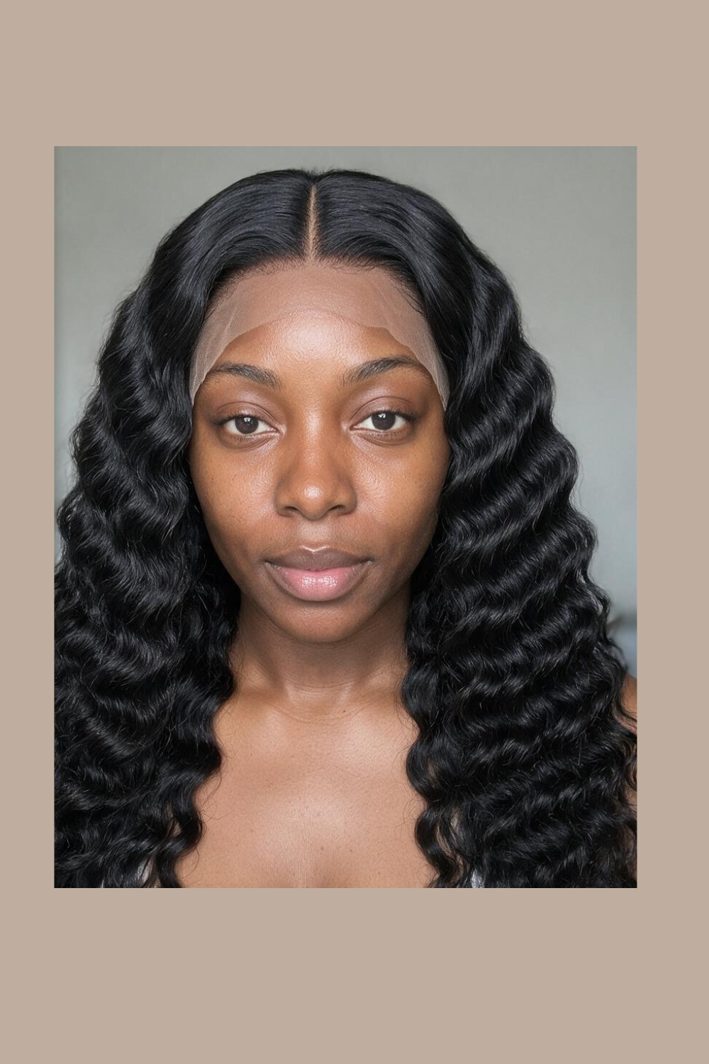 Model wearing the Zuri glueless wear and go deep wave wig with pre-cut 4x6 HD lace