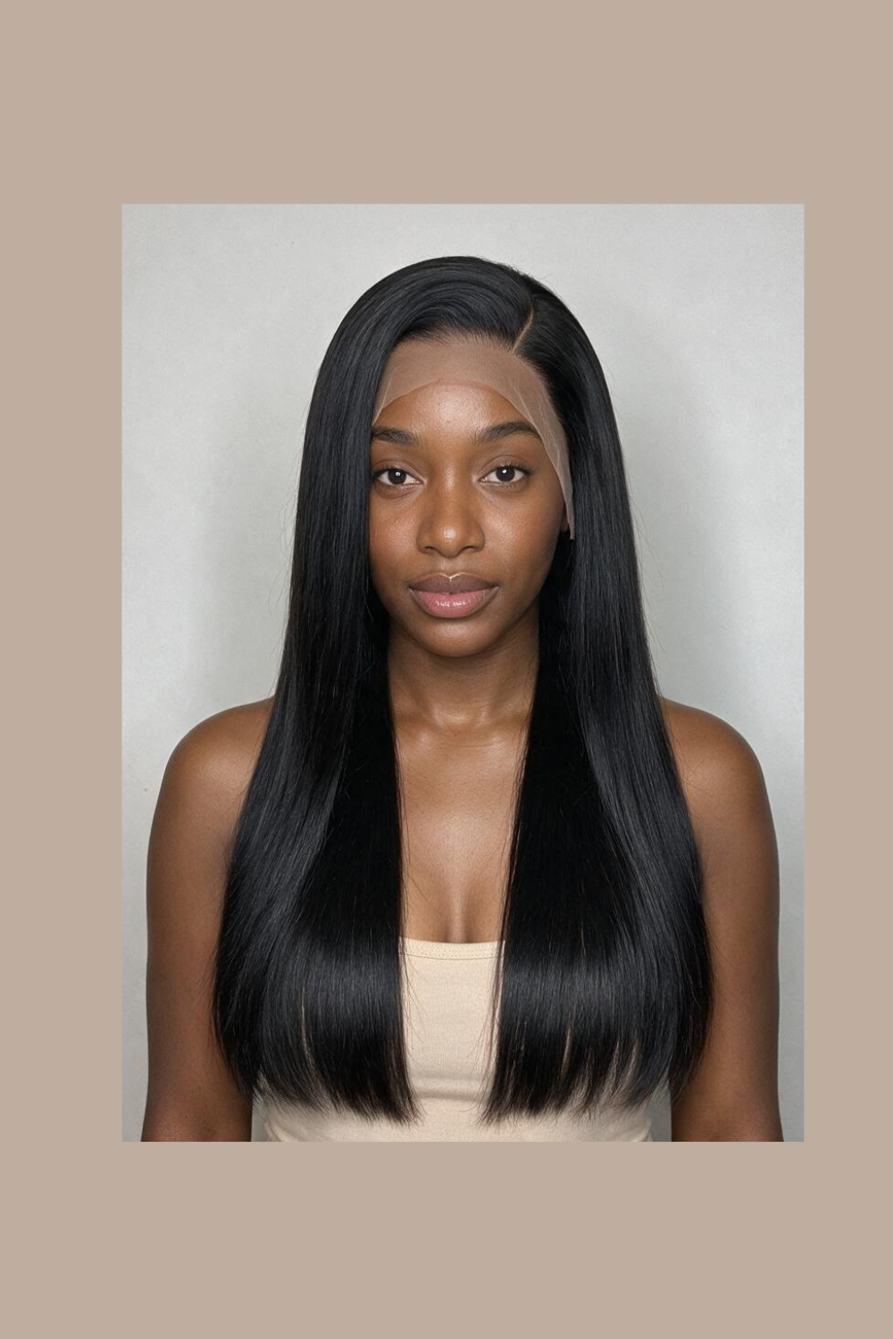 Model wearing the Nova 13x6 HD lace frontal bone straight wig in natural black