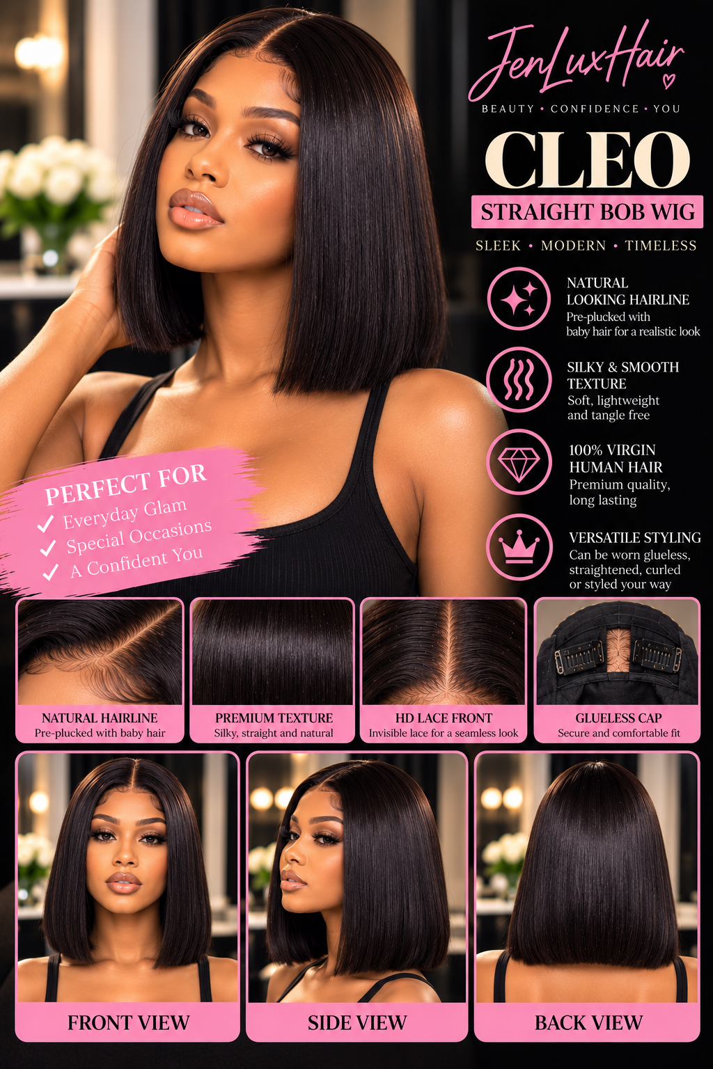 Cleo — 13x4 HD Lace Blunt Cut Straight Bob Wig | Human Hair