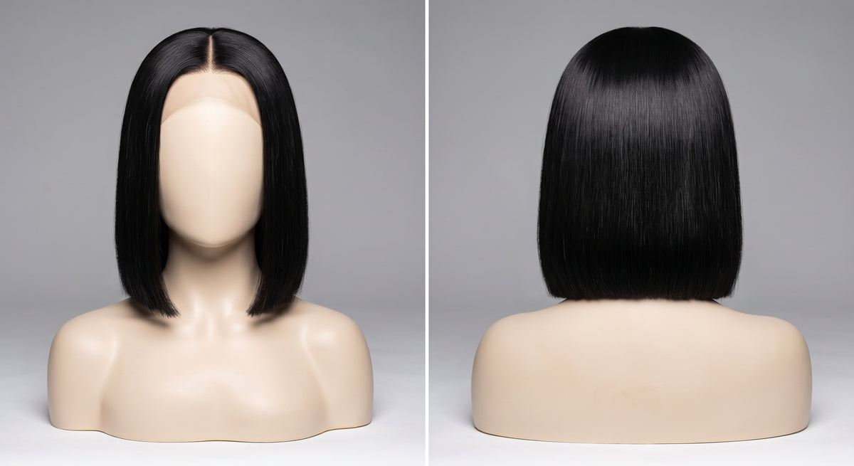 Cleo straight bob wig on a mannequin, front and back view