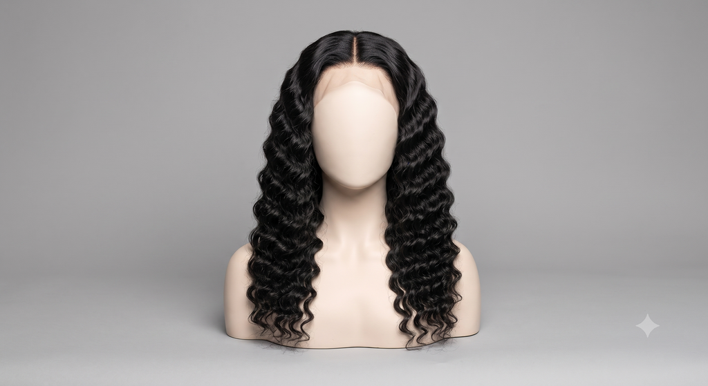 Zuri deep wave wig on a mannequin, showing the curl pattern from the front
