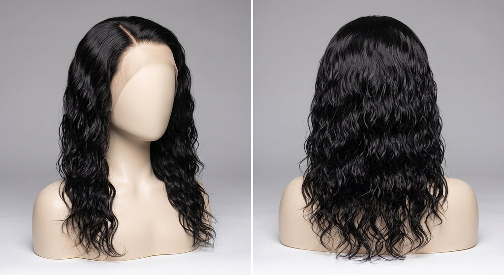 Amara 13x6 water wave wig on a mannequin, front and back view