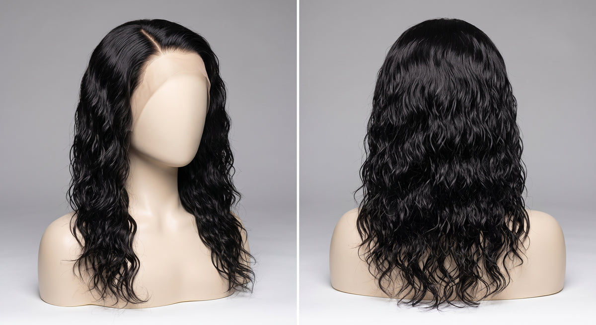 Amara 13x6 water wave wig on a mannequin, front and back view