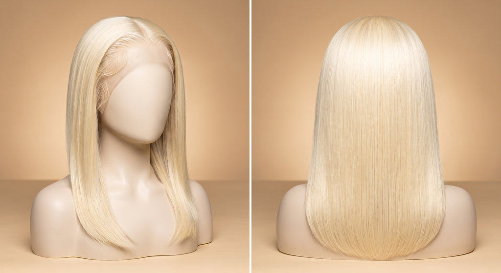 Selene 613 blonde straight wig on a mannequin, front and back view