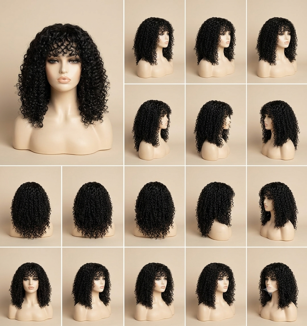 Contact sheet of a curly fringe wig on a mannequin, shown from several angles