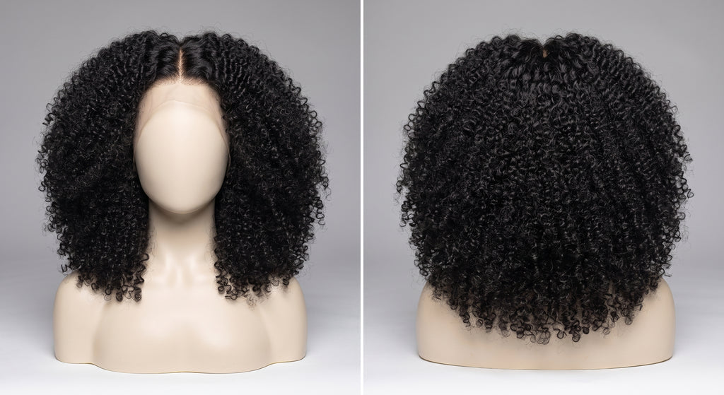 Jada kinky curly closure wig on a mannequin, front and back view of the coil pattern