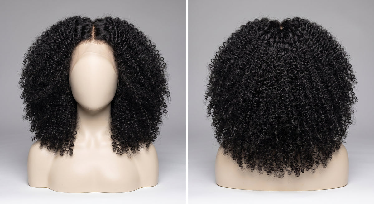 Jada kinky curly closure wig on a mannequin, front and back view of the coil pattern