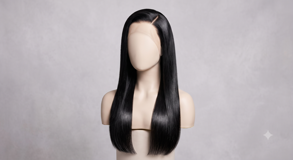 Nova bone straight wig on a mannequin, showing the length and the lace frontal