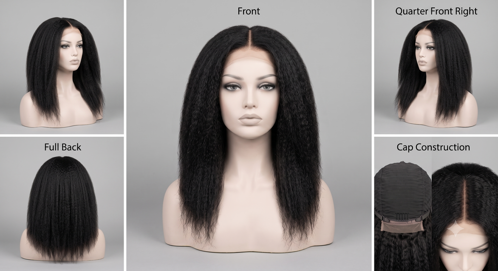 Imani kinky straight wig on a mannequin: front, quarter, full back and cap construction views