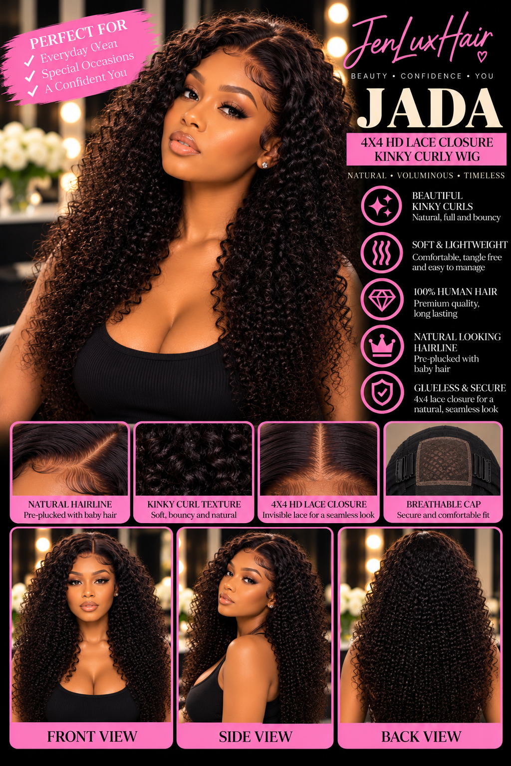 Jada — 4x4 HD Lace Closure Kinky Curly Wig | Natural Coil Pattern