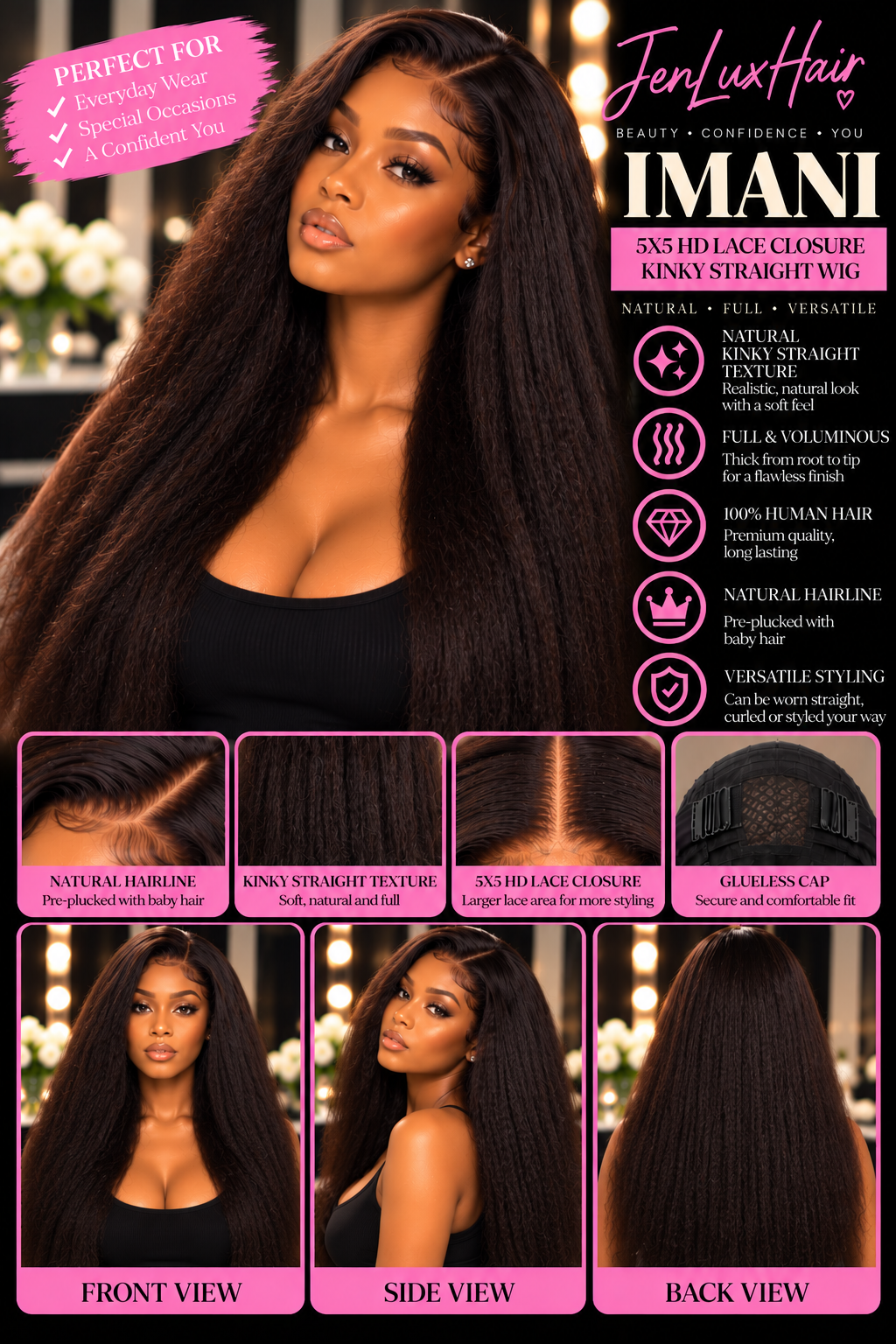 Imani — 5x5 HD Lace Closure Kinky Straight Wig | Natural Blow-Out Texture
