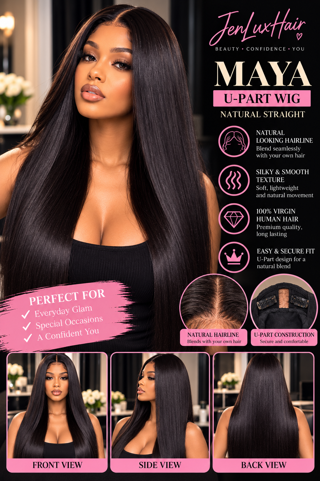 Maya — U-Part Straight Wig | Blend-Your-Own-Edges Human Hair