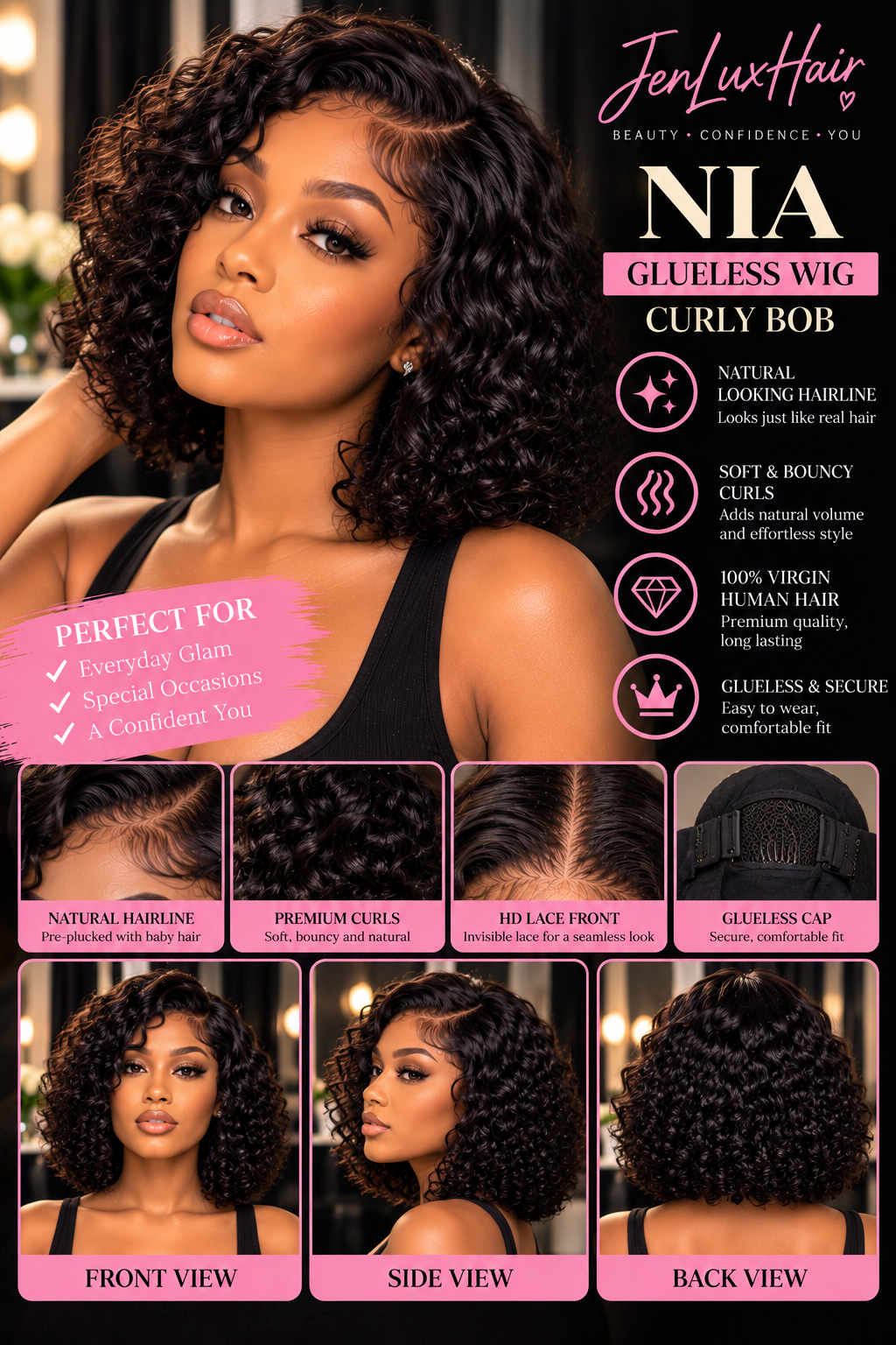 Nia — Glueless Curly Bob Wear & Go Wig | Pre-Cut Lace, No Glue