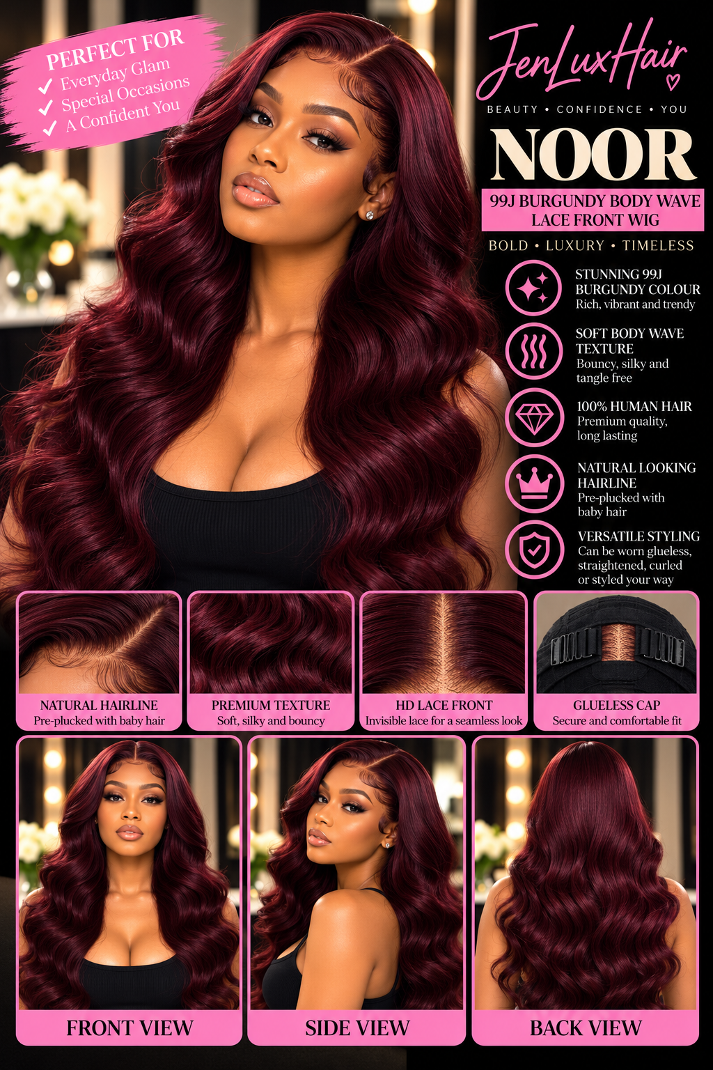 Noor — 99J Burgundy Body Wave Lace Front Wig | 13x4 HD Lace