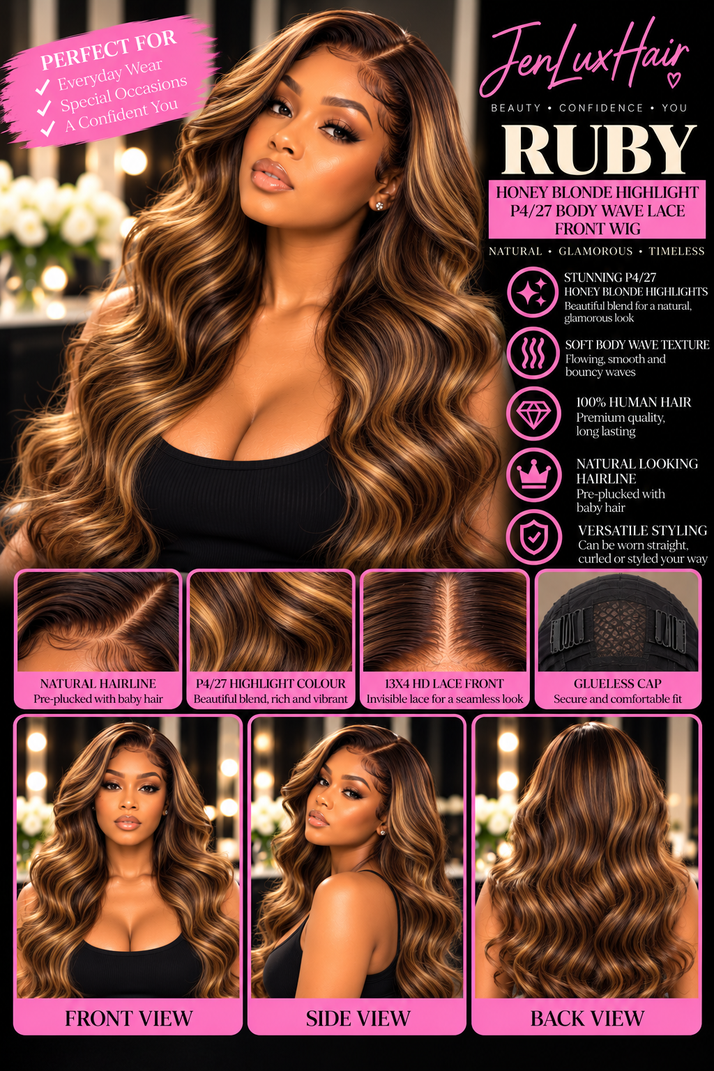 Ruby — Honey Blonde Highlight P4/27 Body Wave Lace Front Wig | 13x4 HD Lace