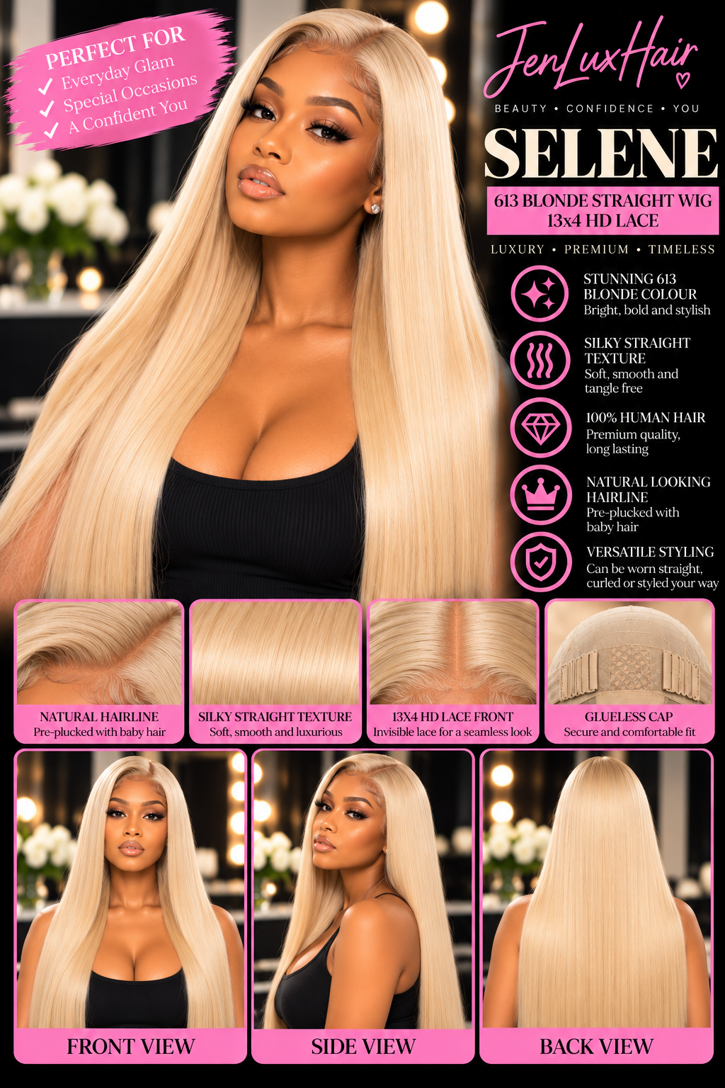 Selene — 613 Blonde 13x4 HD Lace Straight Wig | Colour-Ready Human Hair