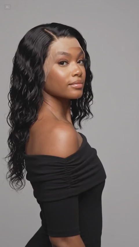 AI-generated video of the Amara 13x6 water wave wig worn long with a deep side part