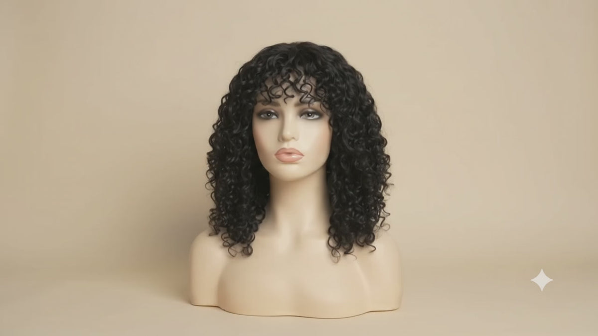 Video of a curly fringe wig on a mannequin, turning to show the curl pattern