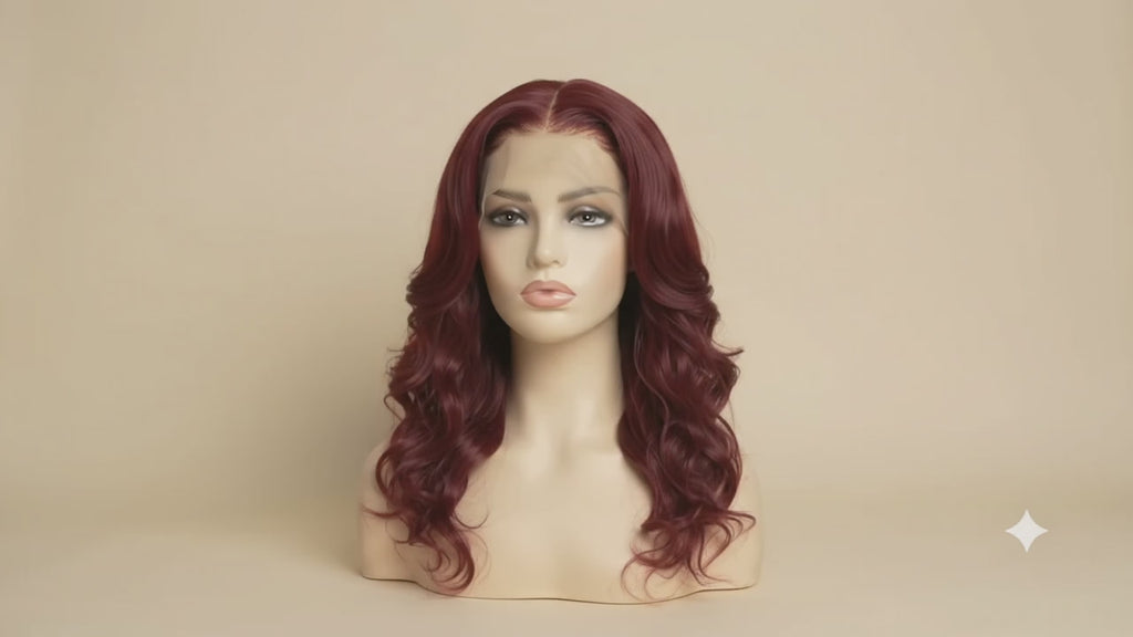 Video of the Noor 99J burgundy body wave wig on a mannequin, showing the colour in daylight