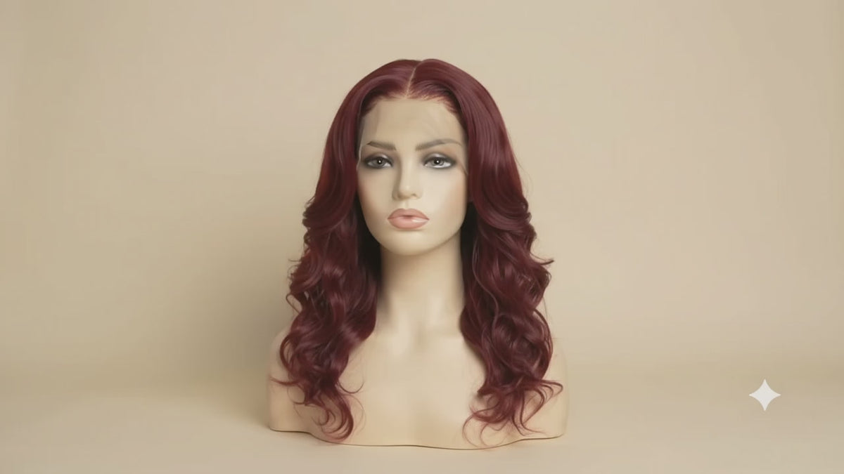Video of the Noor 99J burgundy body wave wig on a mannequin, showing the colour in daylight