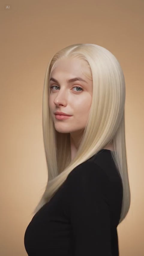 AI-generated video of the Selene 613 blonde straight wig worn over one shoulder